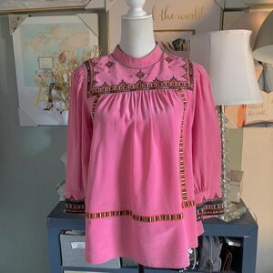 WHISTLES PINK 100% silk boho embroidered blouse top sz 6 or S womens